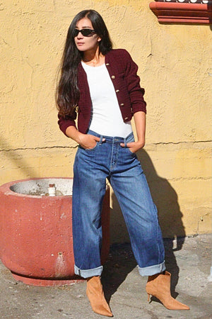 HIGH RISE RELAXED TAPERED DARK WASH BARREL JEANS