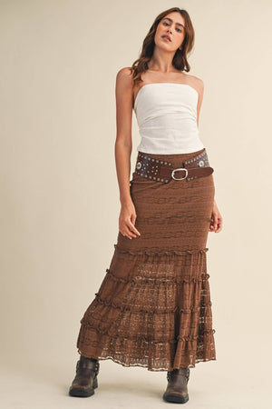 Lace Tiered Ruffle Trim Mermaid Midi Skirt - Black