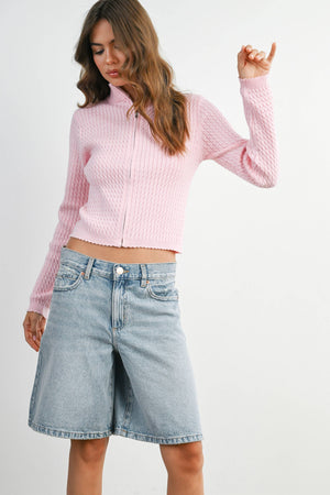 Zip Up Long Sleeve Mock Neck Cardigan