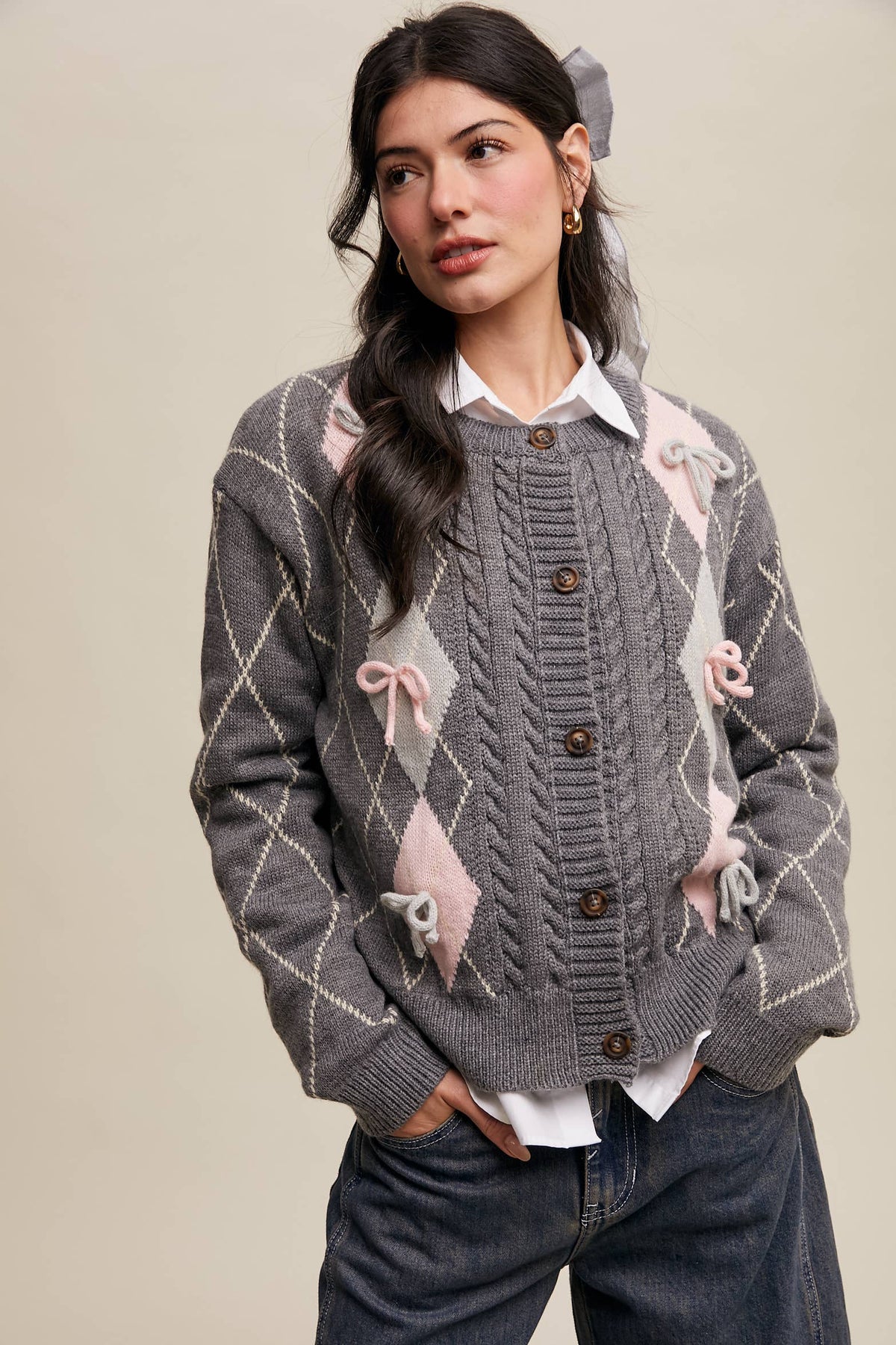 Argyle Bow Detail Knit Cardigan