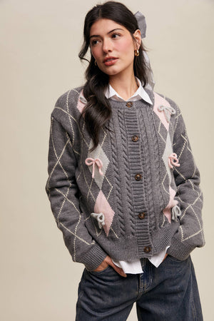 Argyle Bow Detail Knit Cardigan