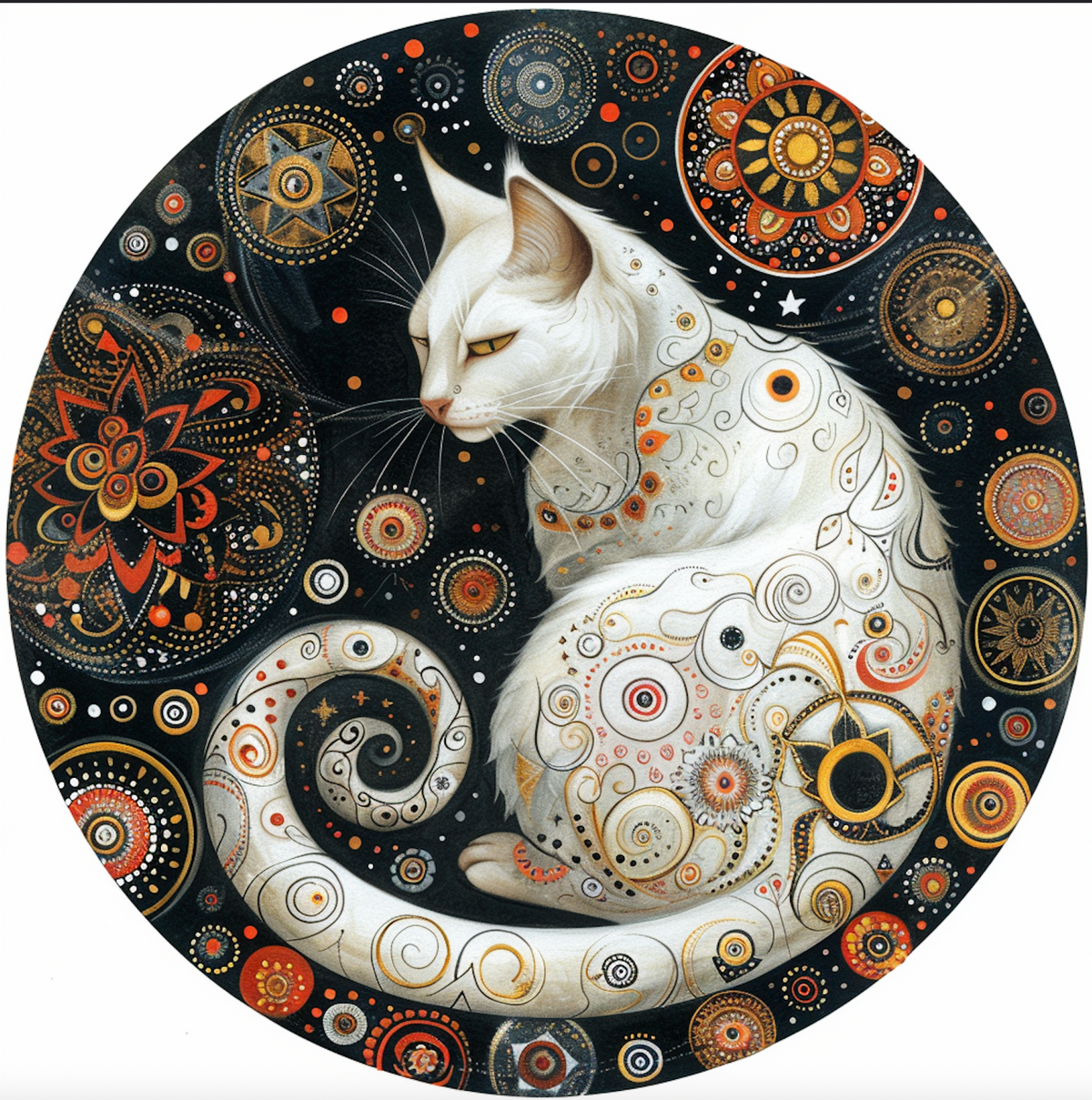 Mystical Cat Art Tambourine and Ribbon Wall Hanging