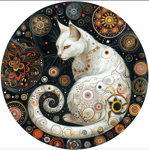 Mystical Cat Art Tambourine and Ribbon Wall Hanging