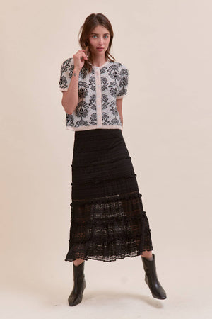 Lace Tiered Ruffle Trim Mermaid Midi Skirt - Black