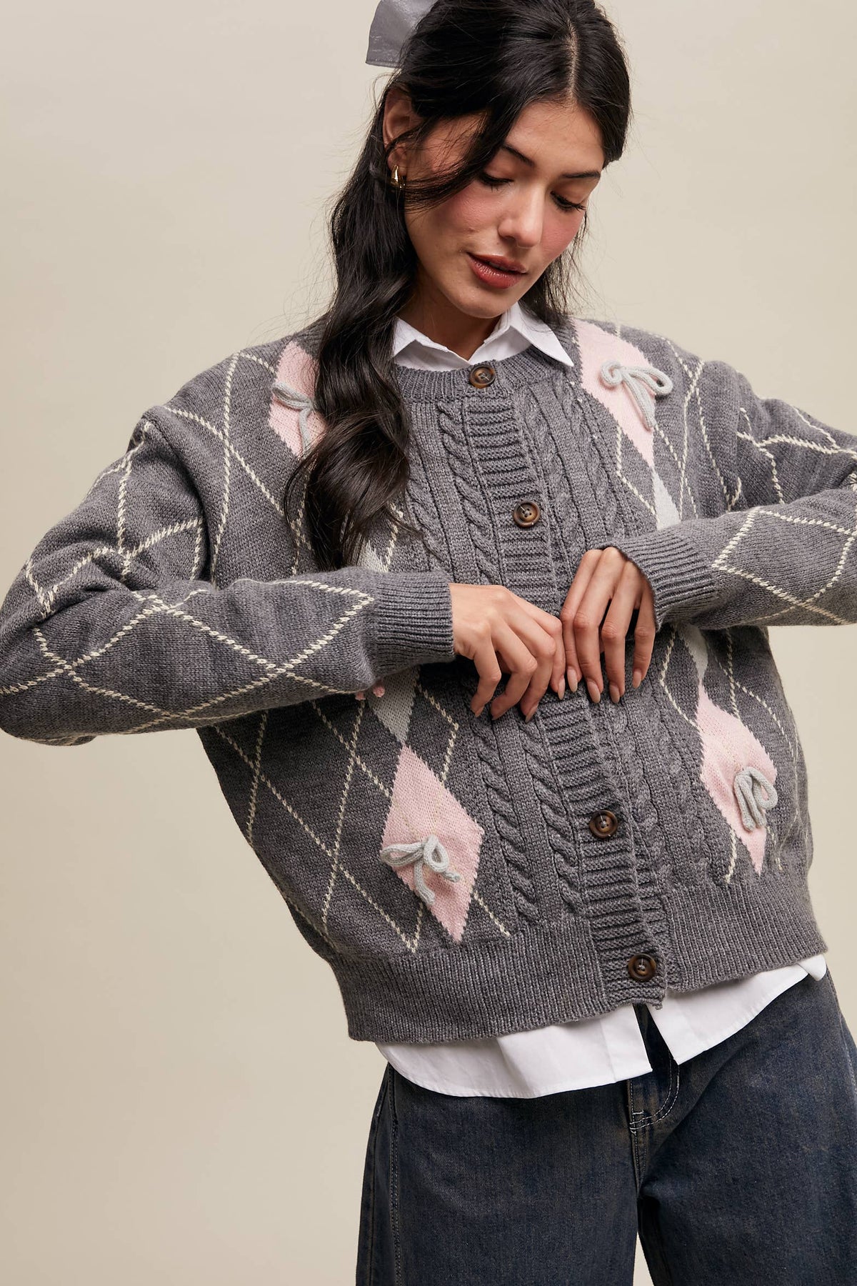 Argyle Bow Detail Knit Cardigan