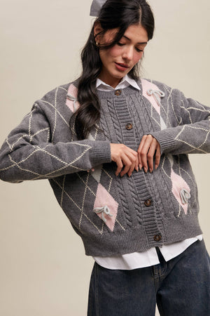 Argyle Bow Detail Knit Cardigan