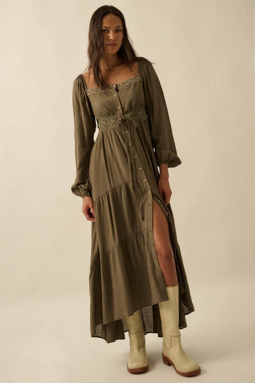 Button-Front Tiered Ruffle Maxi Dress