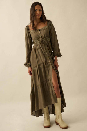 Button-Front Tiered Ruffle Maxi Dress