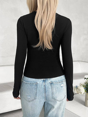 Slim Fit U-Neck Long Sleeve Top - Black