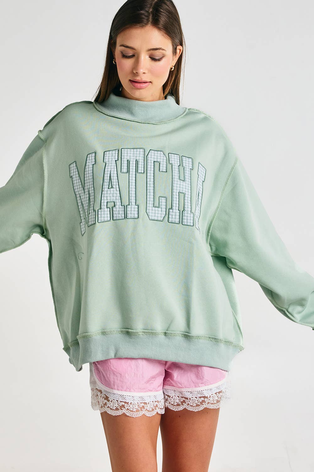 Embroidered "MATCHA" Mock Neck Sweatshirt