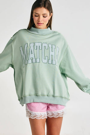 Embroidered "MATCHA" Mock Neck Sweatshirt