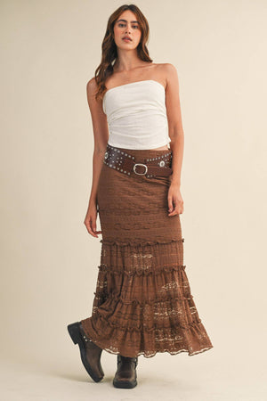 Lace Tiered Ruffle Trim Mermaid Midi Skirt - Black
