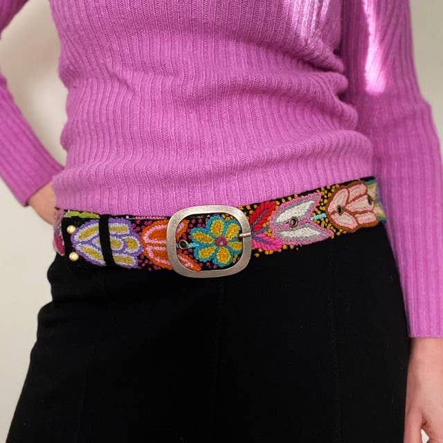 Folklorica Floral Embroidered Wool Belt - Black