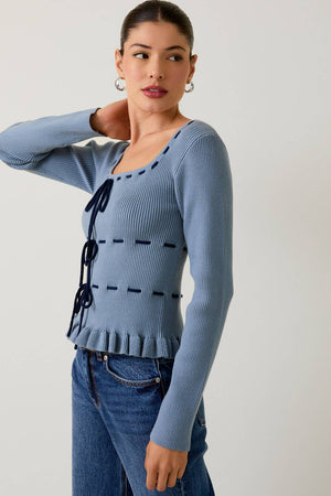 Blue Ribbed Bow Cardigan Sweater