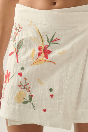 Floral-Embroidered Cotton Wrap Mini Skirt