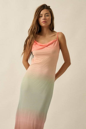 Ombre Mesh Draped Open-Back Maxi Dress