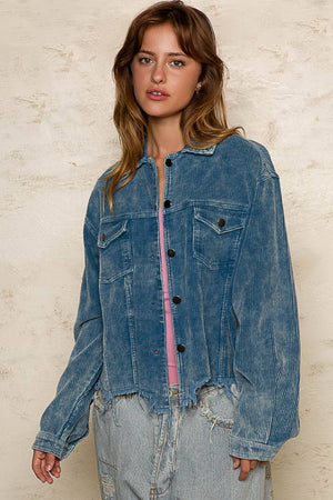Pocket front button down distressed hem corduroy jacket