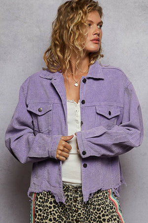 Pocket front button down distressed hem corduroy jacket