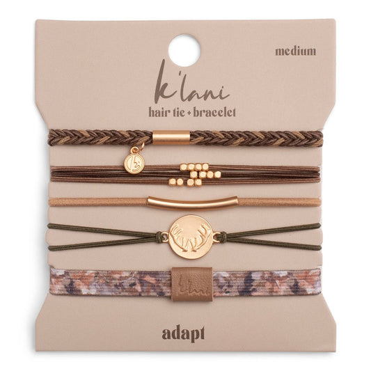 "Adapt" Camo, Gold Charm Antler Hair Tie Bracelet Set