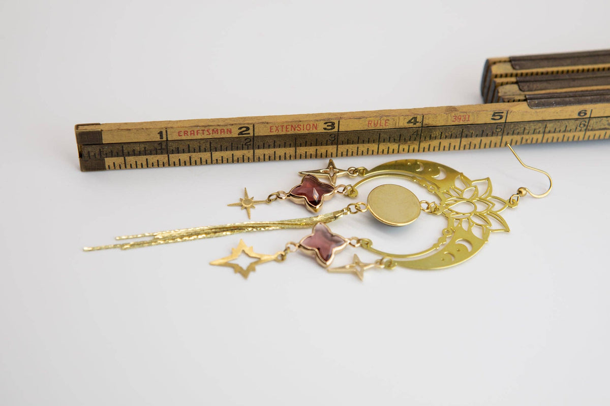 Decadent Floral Moon Art Nouveau Brass Earrings