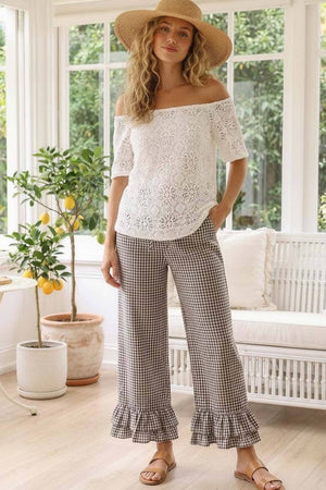 Gingham Casual Ruffled Hem 100%Cotton Cropped Pants VP83379A