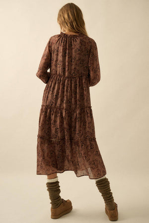 Floral Tiered Ruffle Bubble-Sleeve Midi Dress