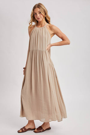 Gathered Halter Neck Flowy Maxi Dress