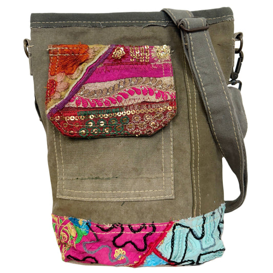 Recycled Tent Crossbody with Vintage Fabric Accented Pocket - No. 3