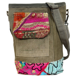 Recycled Tent Crossbody with Vintage Fabric Accented Pocket - No. 3