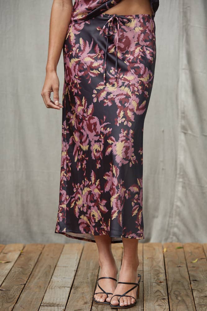 Woven Polyester Floral Print Midi Skirt