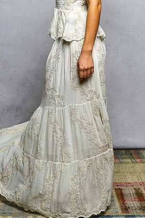 Embroidered Viscose Smocked Waistband Maxi Skirt