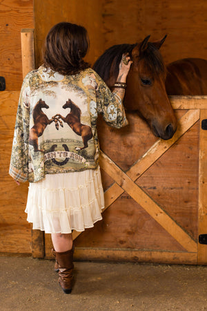 Born to Run Pixie Duster Crop Kimono w/ Horse & Flower Print