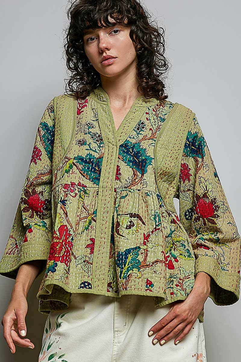 Quilted Floral Kimono-Style Top