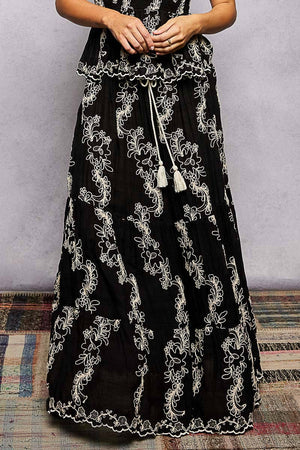 Embroidered Viscose Smocked Waistband Maxi Skirt