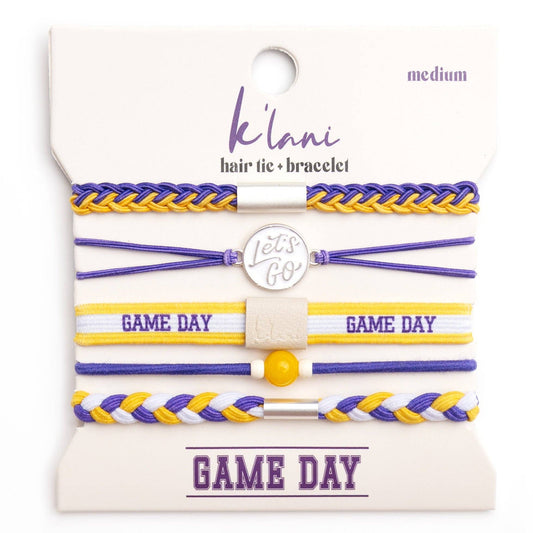 Game Day Hair Tie Bracelet Set – Purple & Yellow