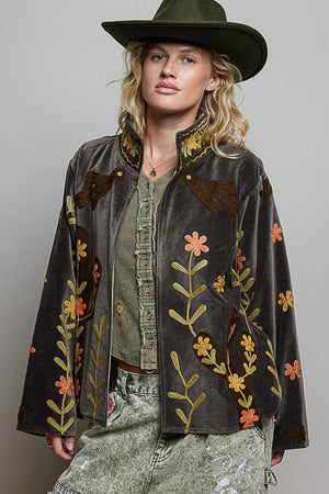 Floral Vine Embroidered Velvet Jacket – Charcoal