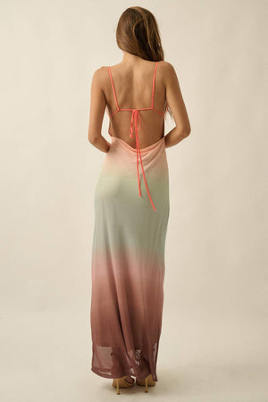 Ombre Mesh Draped Open-Back Maxi Dress