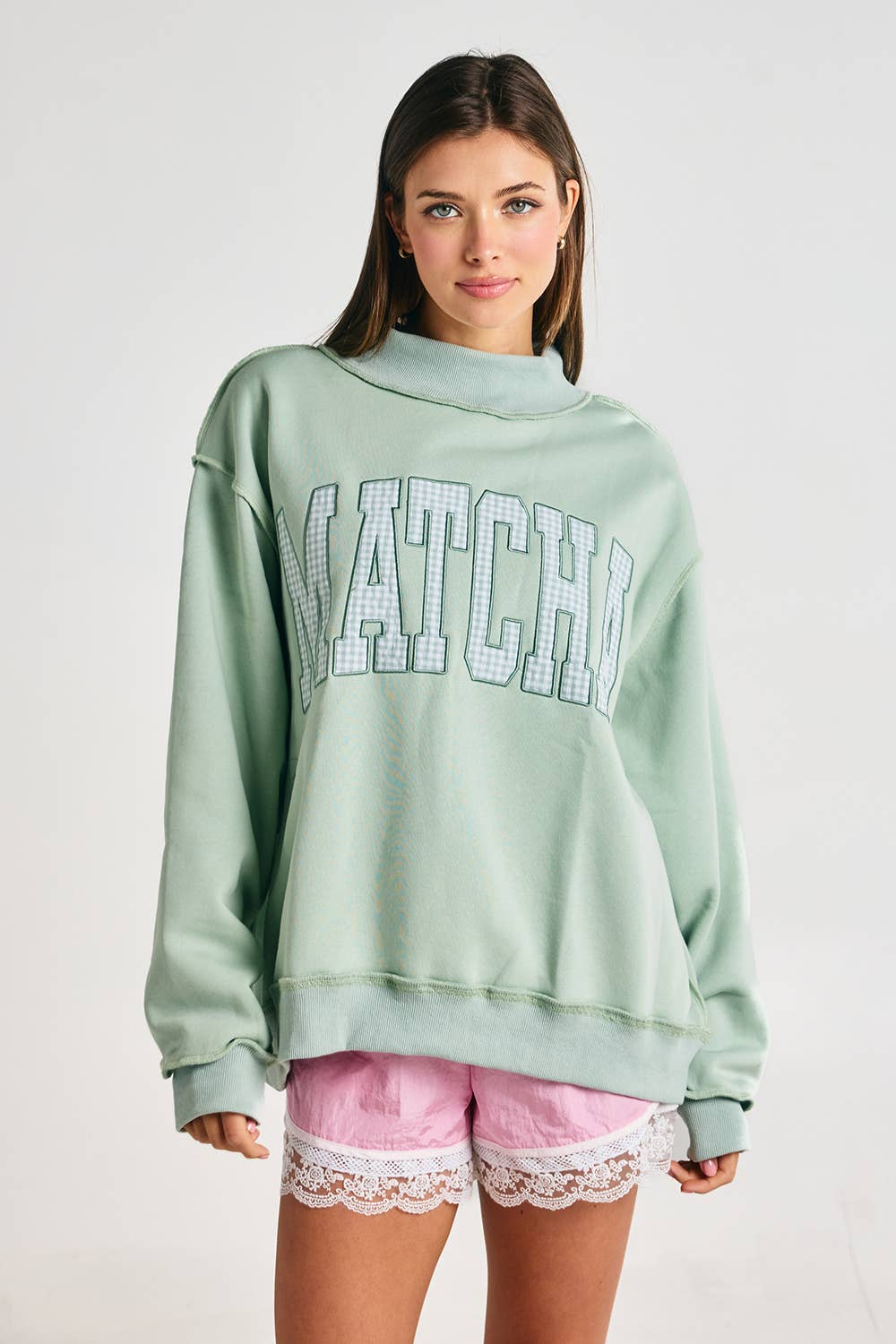 Embroidered "MATCHA" Mock Neck Sweatshirt