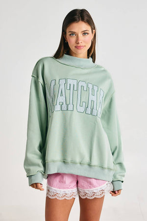 Embroidered "MATCHA" Mock Neck Sweatshirt