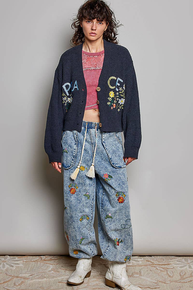 Embroidered Peace Knit Cardigan – Charcoal