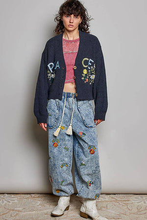 Embroidered Peace Knit Cardigan – Charcoal