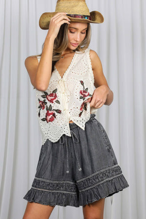 Ladder Trim Ruffle 100%Tencel Chambray Denim Shorts VP83201