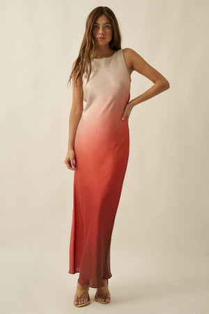 Ombre Satin Bias-Cut Sleeveless Cowl-Back Maxi Dress
