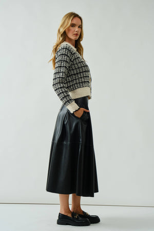 Tweed Style Button Down Cardigan With Scallop Detail