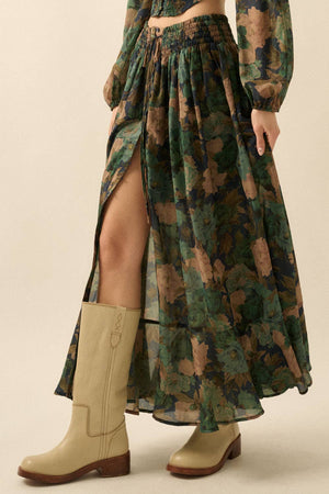 Floral-Print Drawstring Button-Front Maxi Skirt