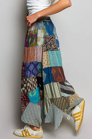 Patchwork Elasticized Waistband Print Panel Woven Skirt