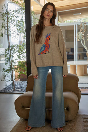 Bird Print Knit Pullover Sweater – Creamy Yellow