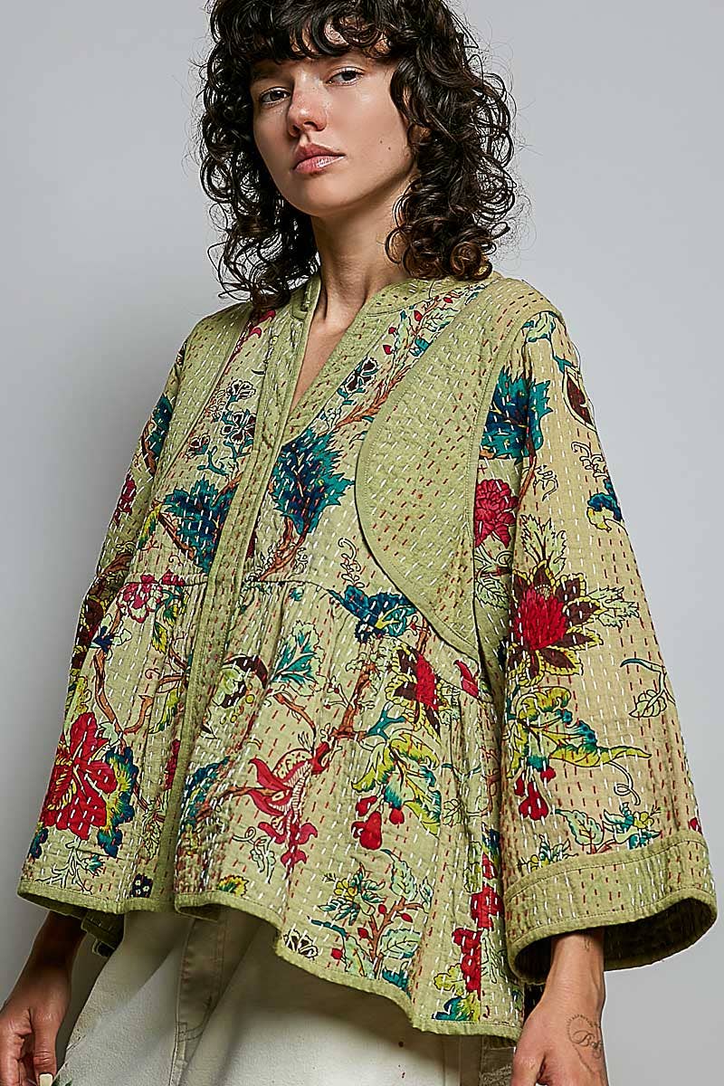 Quilted Floral Kimono-Style Top