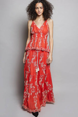 Embroidered Viscose Smocked Waistband Maxi Skirt