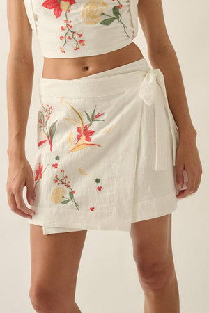 Floral-Embroidered Cotton Wrap Mini Skirt